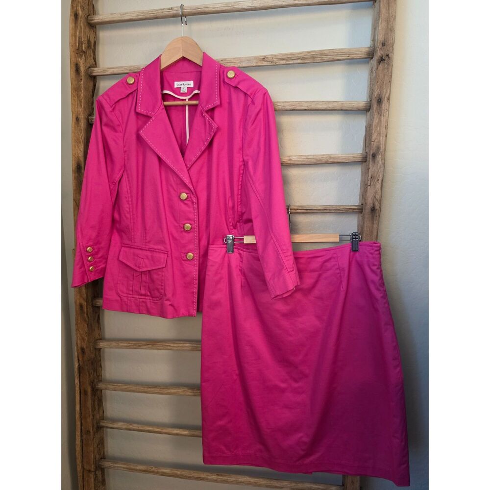 Joan Rivers Pink 2 Piece Skirt Suit L Blazer Pencil Skirt Cotton Gold Buttons